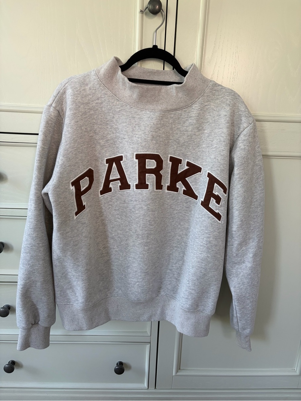 PARKE Light Gray Sweatshirt with Brown Collegiate Letters